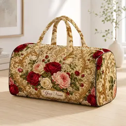 Vintage Red Rose And Gold Baroque Scrolls For Romantic European Travel Style Women Quilted Weekend Bag