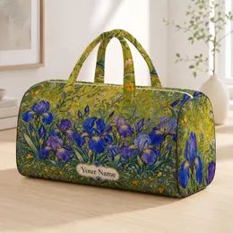 Blue Purple Iris Garden On Olive Green For Overnight Escapes Floral Art Lovers Name Plaque Quilted Weekend Bag