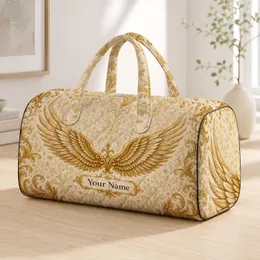 Gilded Angel Wings With Ornate Baroque Damask For Vintage Luxury Travel Style Women Quilted Weekend Bag