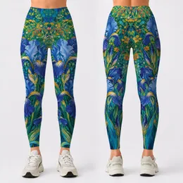 Blue Iris Floral Garden Painterly Botanical Yoga Gym Casual Everyday Outfit Women Leggings