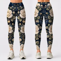 Ivory Rose Botanical Garland On Midnight Indigo For Romantic Everyday Style Lovers Leggings