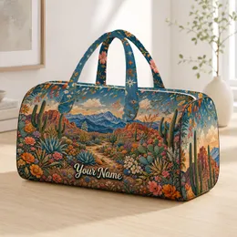 Southwestern Desert Cactus Wildflowers Name Script Scenic Spring Getaway Style For Her Quilted Weekend Bag