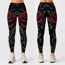 Crimson Rose Gothic Floral Filigree Black Silver Baroque Evening Statement Style Leggings