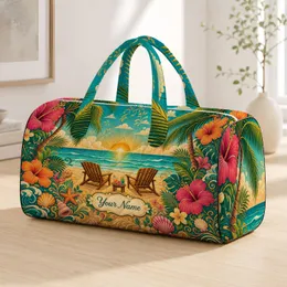 Tropical Sunrise Beach Lounge Chairs With Palm Leaves Hibiscus Vacation Escape For Women Quilted Weekend Bag