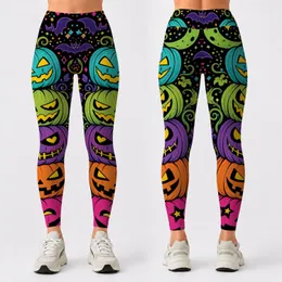 Neon Jack O Lantern Faces With Bats And Moon For Halloween Party Yoga Workouts Women Leggings