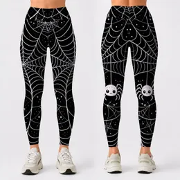 White Spiderweb And Cute Spider On Black For Playful Halloween Goth Streetwear Women Leggings