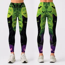 Neon Black Cat Halloween Graveyard With Purple Pumpkins For Spooky Cute Night Out Leggings