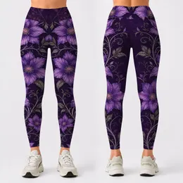 Purple Clematis Vine Floral All Over Style For Yoga Studio Lounge And Festival Wear Leggings