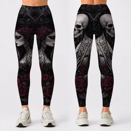 Gothic Skull Bride And Rose Embrace Dark Romantic Tattoo Style For Alternative Nights Leggings