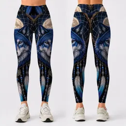 Blue Wolf Dreamcatcher Moonlit Roses Mystical Wilderness Yoga Festival Style For Women Leggings