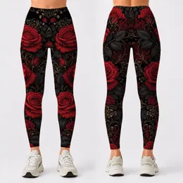 Gothic Crimson Rose Cascade With Black Leaves For Dark Romance Festival Style Outfits Leggings