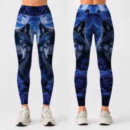 Blue Wolf And Royal Roses Moonlit Wilderness Yoga Running Fitness Style For Women Leggings