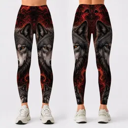 Fierce Gray Wolf With Gothic Flames For Biker Nights And Wilderness Streetwear Style Leggings