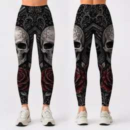 Gothic Skull Crimson Roses Crossed Revolvers Biker Festival Night Out Streetwear Women Leggings