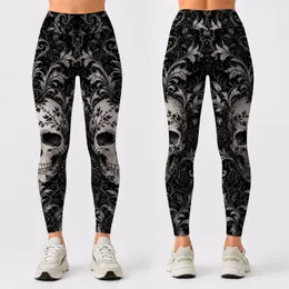Gothic Ivory Skull With Baroque Roses For Dark Fashion Festival Outfits And Nightlife Leggings