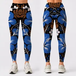Blue Tropical Floral On Black Botanical Statement For Yoga Studio And Weekend Wear Leggings