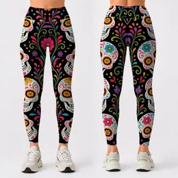 Halloween Sugar Skull Floral Calavera Dia De Muertos Party Festival Colorful Women Leggings