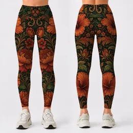 Vintage Autumn Floral Damask With Emerald Botanicals For Boho Fall Outfits Women Leggings