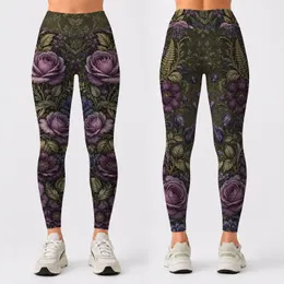 Vintage Purple Rose Botanical Cascade For Moody Garden Style And Everyday Yoga Wear Leggings