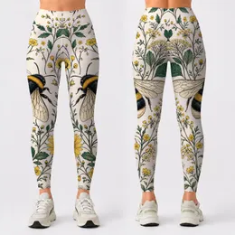 Botanical Bumblebee Wildflowers With Ivory Garden Vibes For Sunny Cottagecore Women Leggings