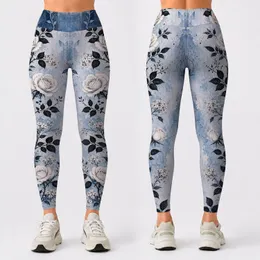 Faux Denim Blue Floral Vine With White Roses For Casual Streetwear And Yoga Style Leggings