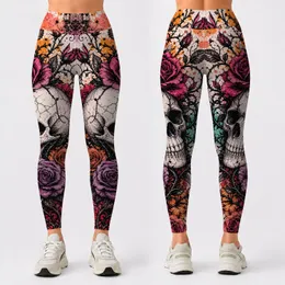 Gothic Skull And Black Rose Vines With Neon Watercolor Splashes For Punk Festivals Leggings