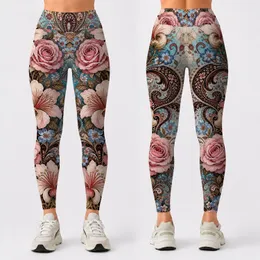 Boho Paisley Roses With Coffee Brown Florals For Festival Yoga And Casual Wear Style Leggings