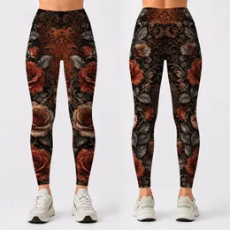 Gothic Rose Bouquet With Burnt Orange Damask For Dark Academia Festival Looks Leggings