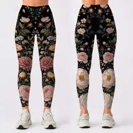 Black Peony Rose Botanical Cascade For Resort Evenings And Coastal Casual Style Mood Leggings