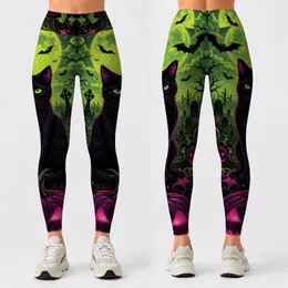Black Cat Neon Halloween Garden With Pumpkins Bats Gothic Cute Witchy Style Lovers Leggings