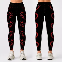 Crimson Open Hearts And Butterflies On Matte Black For Romantic Casual Outfits For Women Leggings
