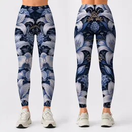 Midnight Navy Blue Lily Orchid Florals With Gold Filigree For Luxe Yoga Studio Style Leggings