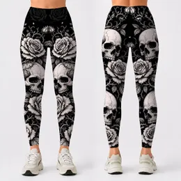 Gothic Skull And Rose Monochrome Tattoo Style For Yoga Gym Festival Outfits Women Leggings