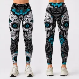 Gothic Floral Sugar Skull With Turquoise Accents For Yoga, Gym, Festival Street Style Leggings