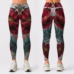 Wine Burgundy Floral And Teal Tropical Leaf Gold Art Nouveau Luxe Athleisure For Women Leggings