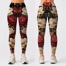 Vintage Magnolia Rose Peony Floral On Black For Romantic Casual Everyday Style Women Leggings