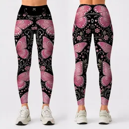 Pink Butterfly Floral Filigree On Black For Boutique Yoga Festival Style For Women Leggings