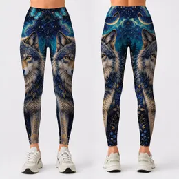 Majestic Wolf With Turquoise Butterflies For Magical Woodland Yoga And Festival Style Leggings