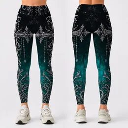 Gothic Cross Totem Silver Filigree Teal Gradient For Winter Festival Boho Western Style Leggings