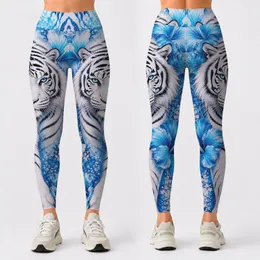 White Tiger Blue Hibiscus Aqua Wildlife Style For Yoga Travel And Everyday Outfits Leggings