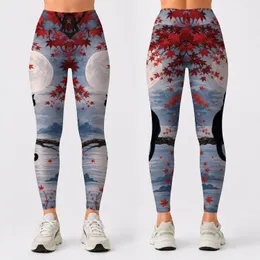Black Cat Moonlit Autumn Maple Leaves For Cozy Yoga Lounging And Fall Festival Style Leggings