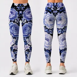 Blue White Botanical Florals On Black For Resort Casual Outfits And Everyday Style Leggings