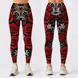 Crimson Roses Leopard Baroque Scrolls For Valentine Date Night Glam Style Women Look Leggings