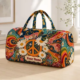Peace Sign Daisy Rainbow Patchwork Hippie Boho Overnight Travel Gift For Women And Girls Quilted Weekend Bag