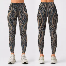 Bohemian Paisley Arabesque In Navy Beige For Festival Yoga Fashion Women Boutique Style Leggings