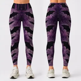 Gothic Black Bat Silhouettes On Distressed Purple Stripes For Halloween Punk Style Leggings