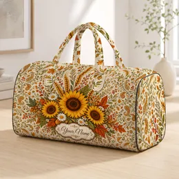 Autumn Sunflower Wheat Bouquet With Ivory Nameplate For Fall Travel And Harvest Gifts Quilted Weekend Bag