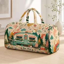 Retro Camper Cabin With Daisies And Evergreens For Camping Trips And Road Getaways Quilted Weekend Bag