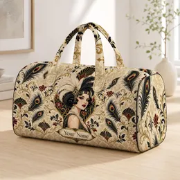 Art Deco Flapper Portrait With Peacock Feathers For Vintage Glamour Getaway Lovers Quilted Weekend Bag