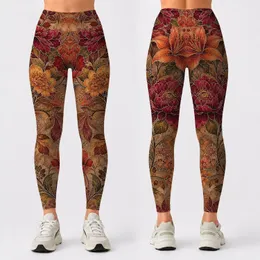 Burgundy Autumn Floral Botanical High Waist Yoga And Everyday Casual Wear For Women Leggings
